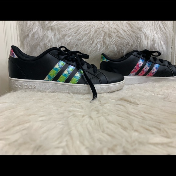 black adidas with rainbow stripes